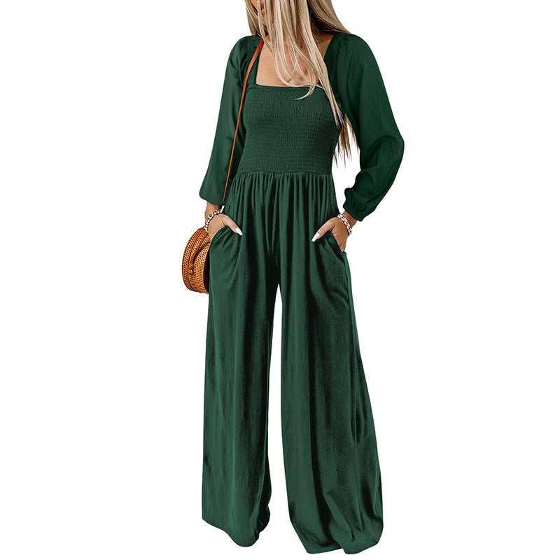 Women Fashion Casual Solid Color Square Collar Long Sleeve High Waist Wide Leg Jumpsuits