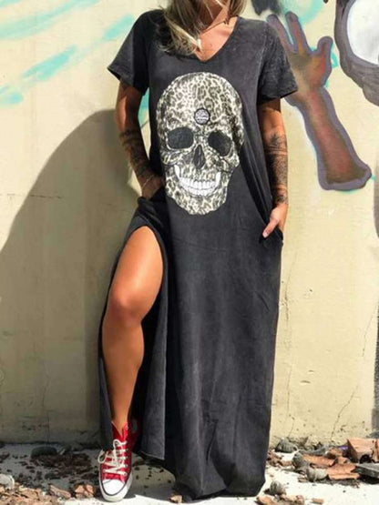 Women Casual Halloween Skull Print Loose Maxi Dress