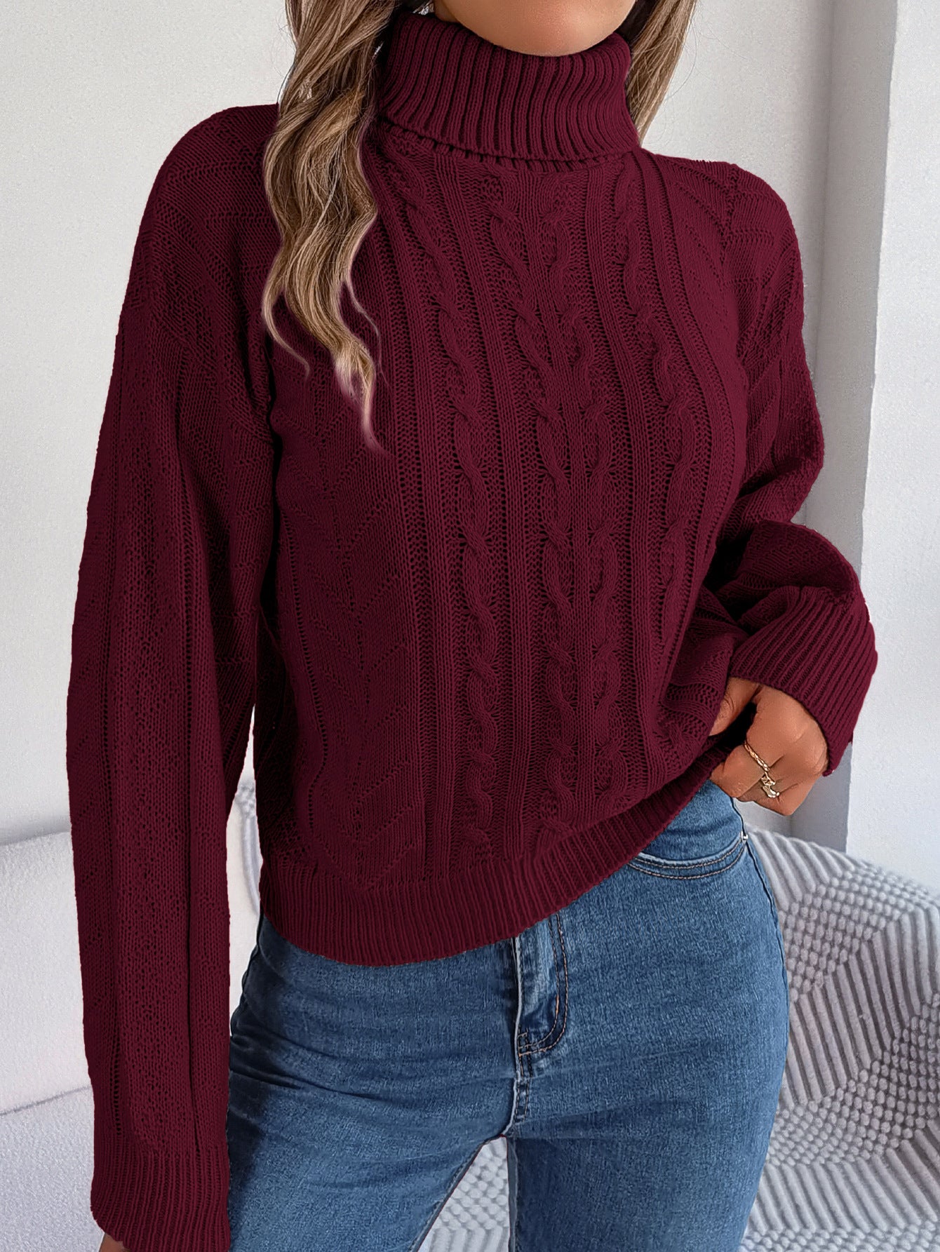 Autumn Winter Women Fashion Casual High Collar Twist Long Sleeve Knitted Sweater
