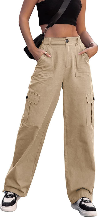 Summer Casual Women Plus Size Button High Waist Wide Leg Cargo Pants