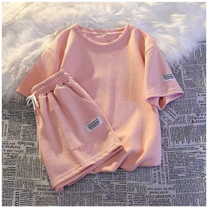 Women Fashion Casual Solid Color Round Neck Short Sleeve Top Shorts Sports Set
