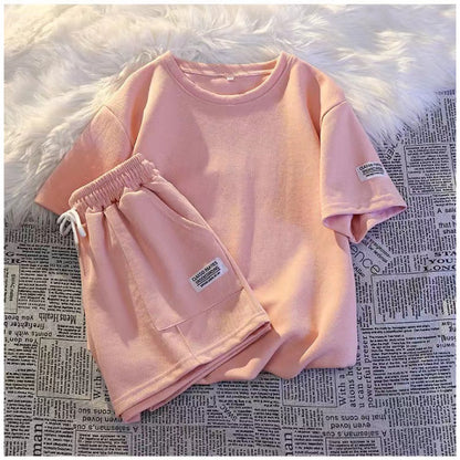 Women Fashion Casual Solid Color Round Neck Short Sleeve Top Shorts Sports Set