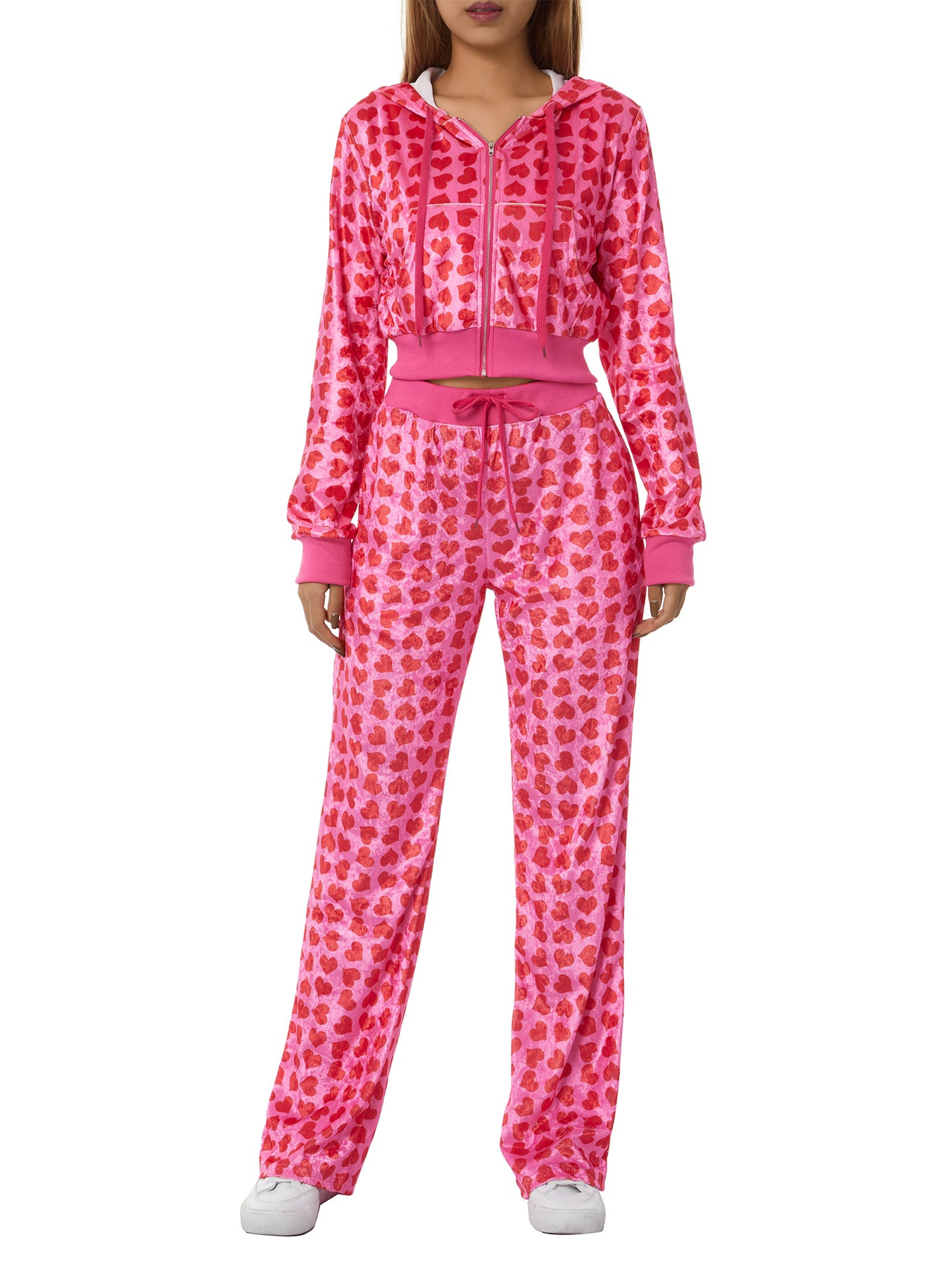 Conjunto informal de dos piezas con capucha y pantalones de cintura alta y top de manga larga con estampado de corazón para mujer