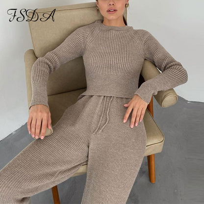 Women Set Sweater Top Long Sleeve And Biker Pants Casual Two Piece Knitted Set