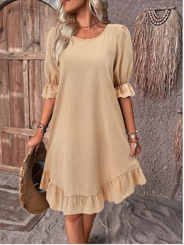 Summer Women Fashion Casual Solid Color Cotton Linen Round Neck Short Sleeve Dress