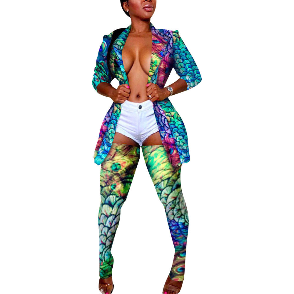 Conjunto de abrigo informal de manga larga con solapa y pantalones ajustados con estampado gráfico para mujer