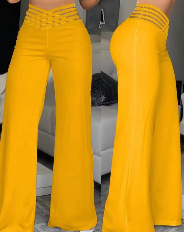 Women Fashion Casual Solid Color Waist Crossed Wide Leg Pants