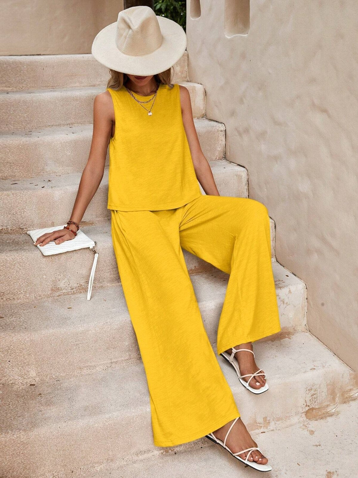 Conjunto de dos piezas para mujer: top sin mangas y pantalón ancho de color liso informal