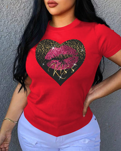 Camiseta informal holgada de algodón con cuello redondo, manga corta y estampado de corazón para mujer, talla grande