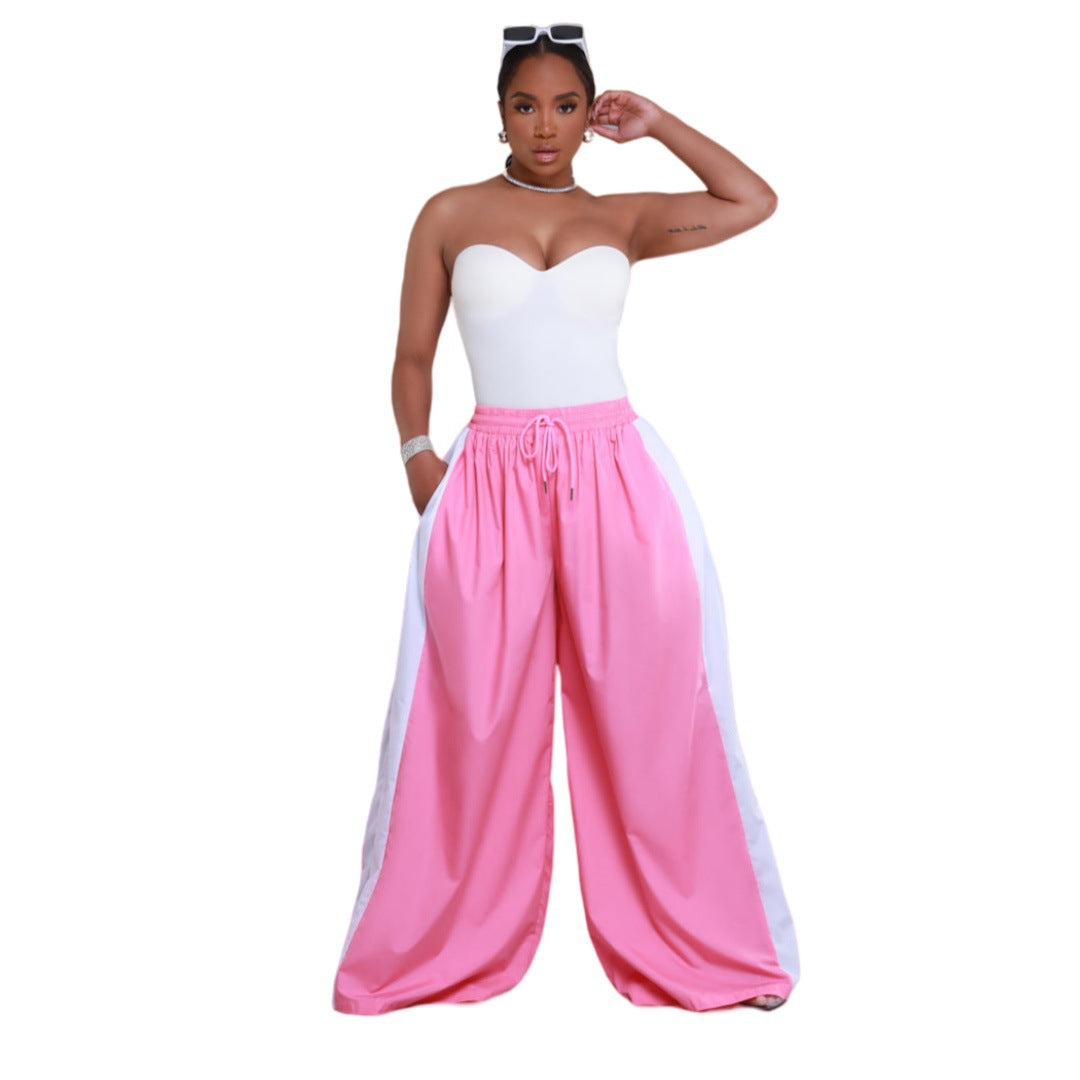 Women Fashion Casual Color-Matching Drawstring Wide-Leg Pants
