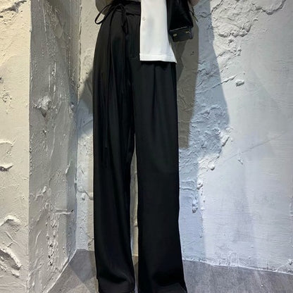 Women Fashion Casual Solid Color Bowknot Office Chic Wide Leg Pants