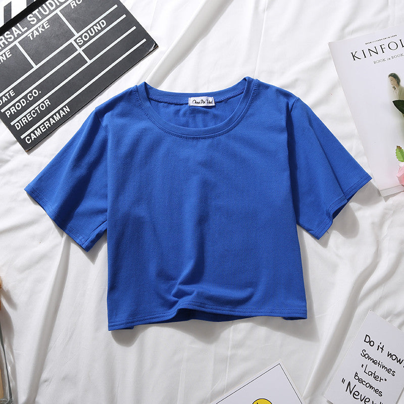 Camiseta básica de verano para mujer, de manga corta, color liso, con cuello redondo y cintura alta, informal, holgada