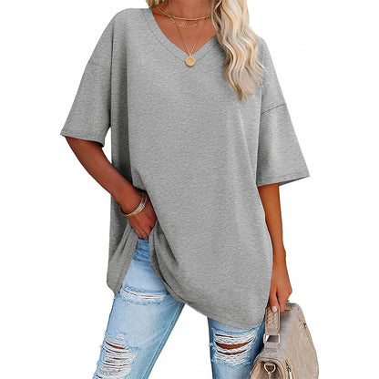 Camiseta informal holgada de color liso con cuello en V para mujer