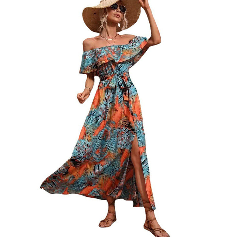 Vestido largo informal de playa con cuello barco y volantes con estampado floral para mujer