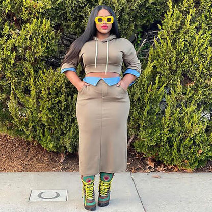 Conjunto de dos piezas formado por sudadera y falda dividida, manga larga, costura vaquera, informal, para mujer, otoño e invierno