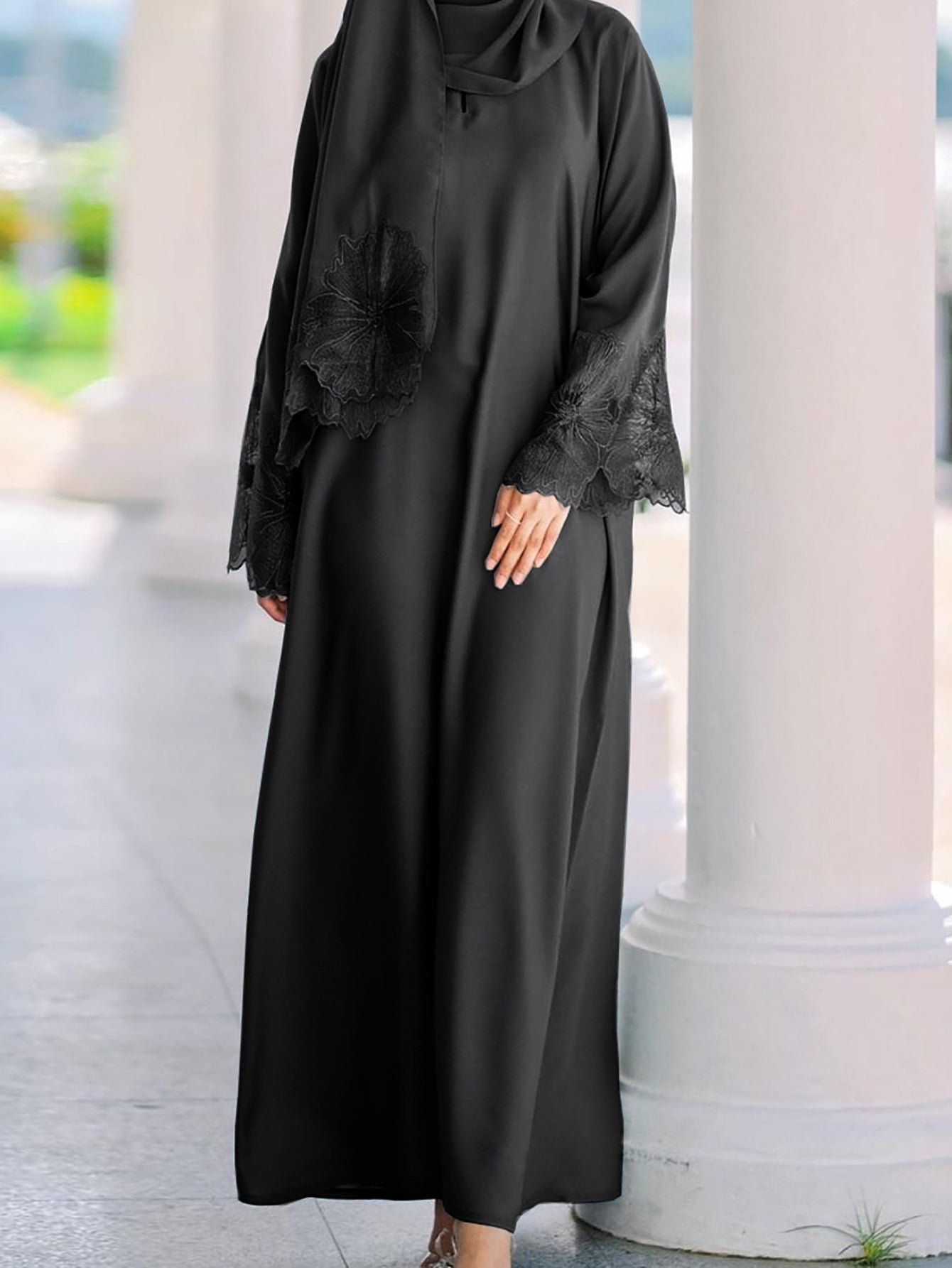 Women Casual Solid Color Lace Patchwork Abaya Long Sleeve Maxi Dress With Turban