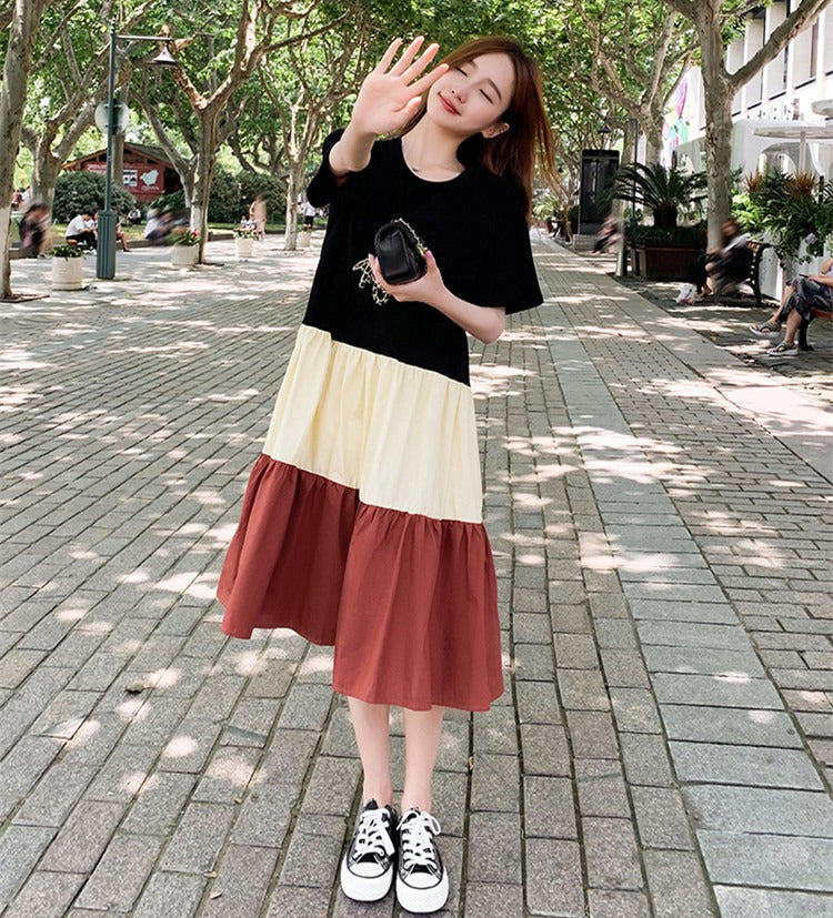 Women'S Fashion Casual Color Blocking Stitching Short Sleeve Loose Dress