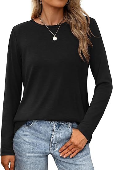 Camiseta informal de verano para mujer, color liso, cuello redondo, manga larga, en blanco