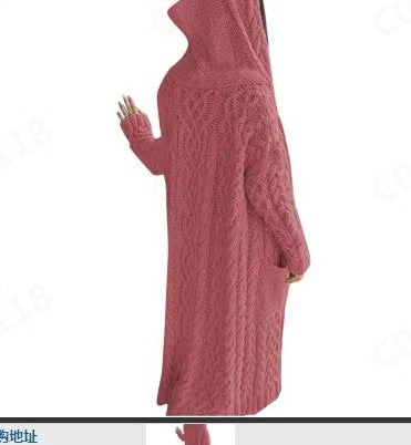 Women Casual Solid Color Long Sleeve Hooded Cardigan Knitted Sweater