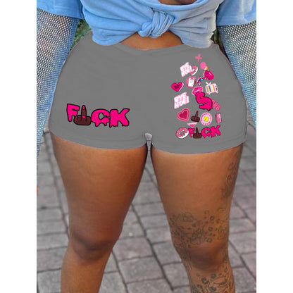 Women Fashion Casual Letter Printing Elastic Waist Shorts