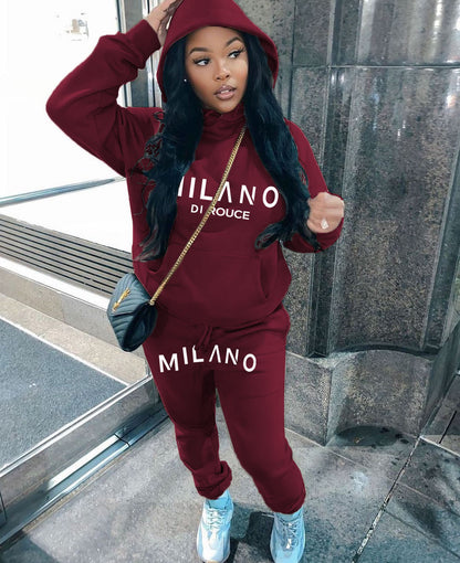 Athleisure Winter Women Loose Casual Letter Printing Long-Sleeved Hooded Sweatshirt Pants Two-Piece Set