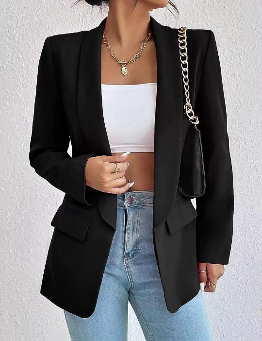 Chaqueta blazer informal de manga larga con solapa de color liso para mujer