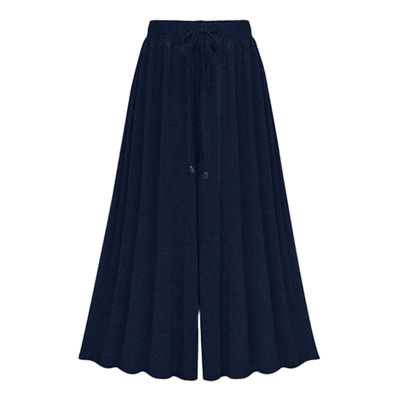 Women Casual Solid Color High Waist Drawstring Wide Leg Pants