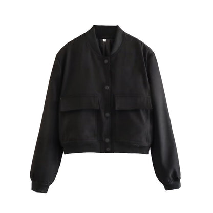 Chaqueta informal de manga larga con bolsillos de color liso a la moda para mujer