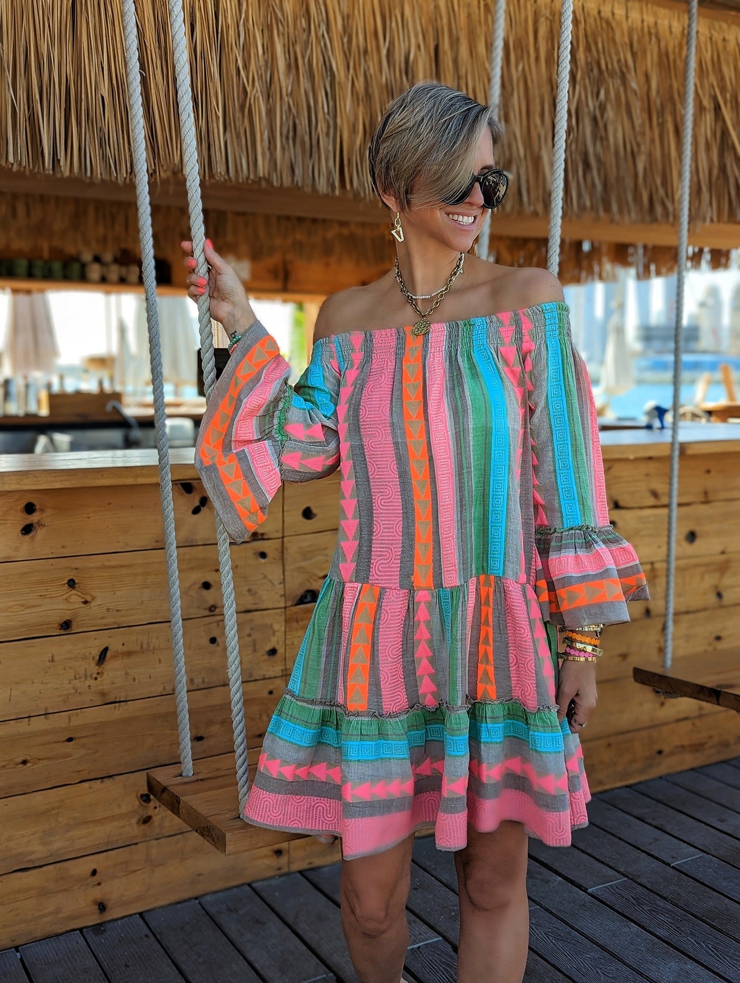 Fashion Boho Vintage Women Flare Sleeve Vacation Off-Shoulder Casual Loose Dress