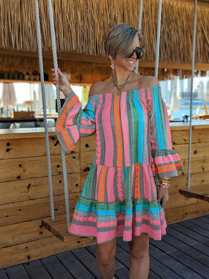 Fashion Boho Vintage Women Flare Sleeve Vacation Off-Shoulder Casual Loose Dress