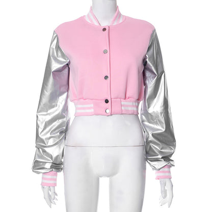 Abrigo de béisbol informal de color liso con cierre a presión y manga larga con costuras de PU para mujer