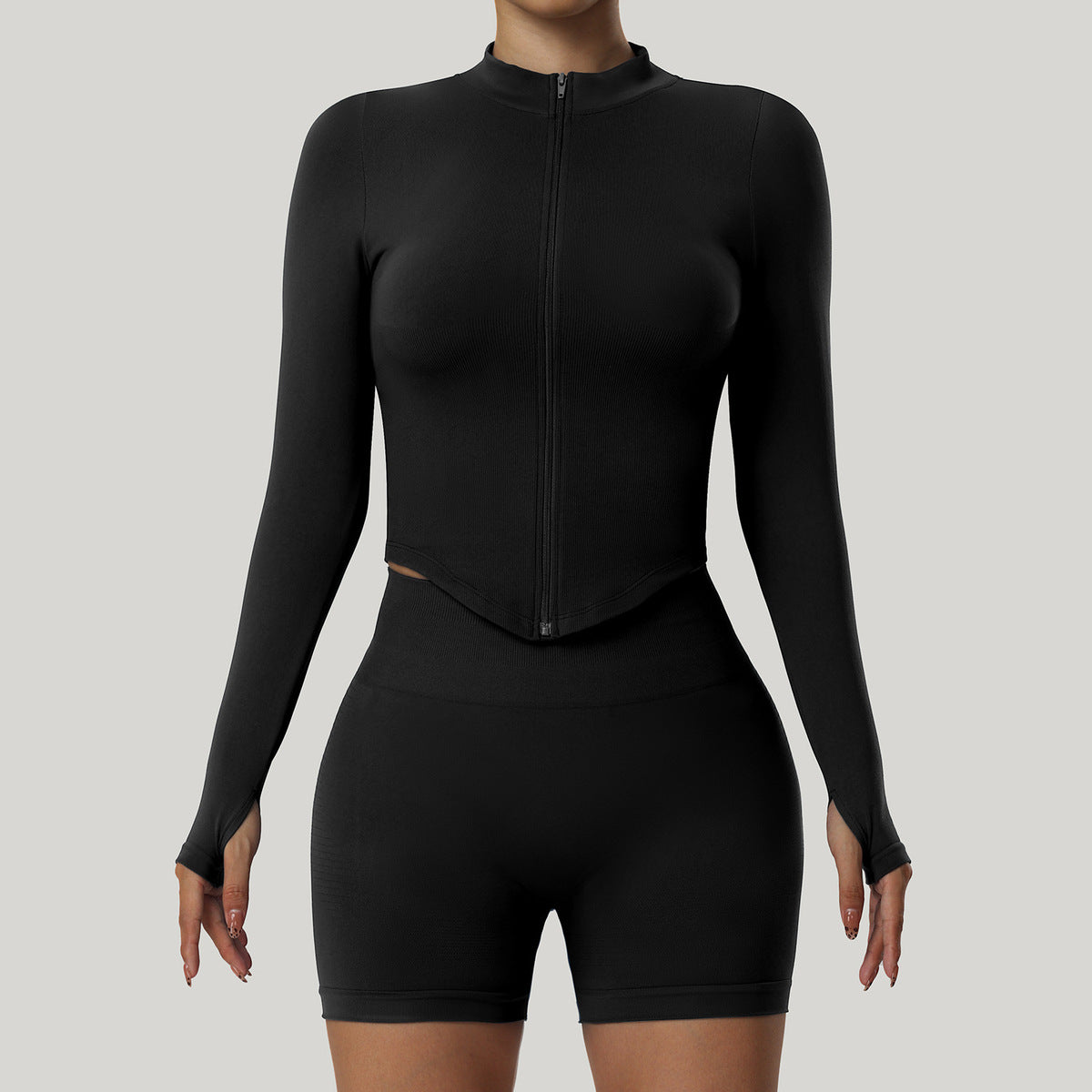 Women Casual Solid Color Vertical Collar Zipper Long Sleeve Tight Yoga Sports Top