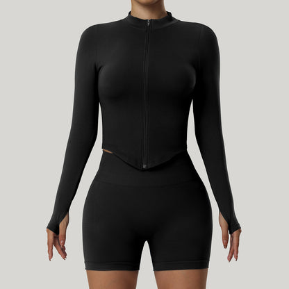 Women Casual Solid Color Vertical Collar Zipper Long Sleeve Tight Yoga Sports Top