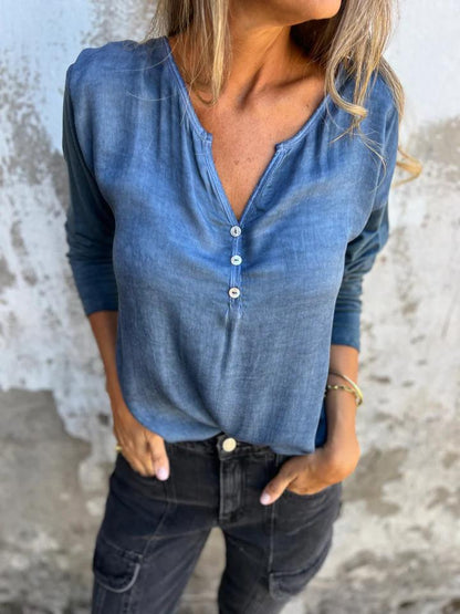 Women Casual Solid Color V-Neck Long Sleeve Top