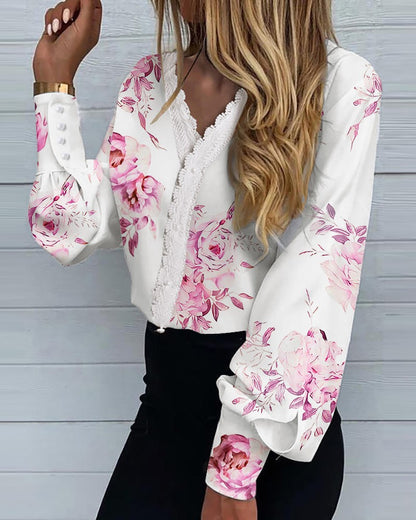 Camisa informal de encaje con cuello en V y estampado floral para mujer