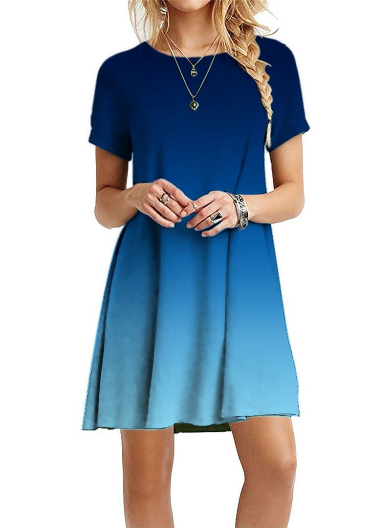 Vestido mini informal holgado de manga corta con estampado degradado de arcoíris y teñido anudado para mujer