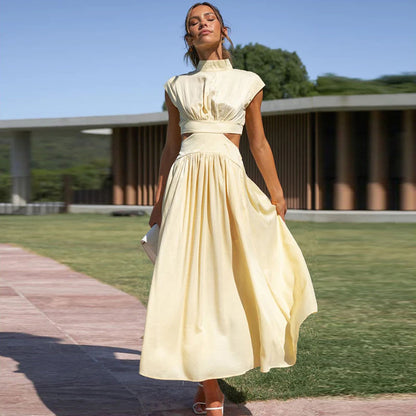 Vestido maxi casual elegante de verano de color sólido con cintura recortada