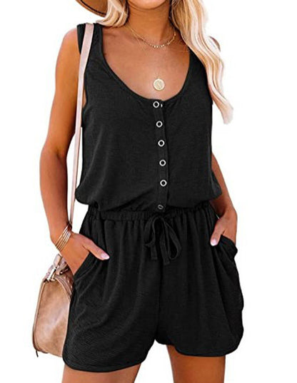 Summer Women Fashion Casual Solid Color Sleeveless Defined Waist Lace-Up Rompers