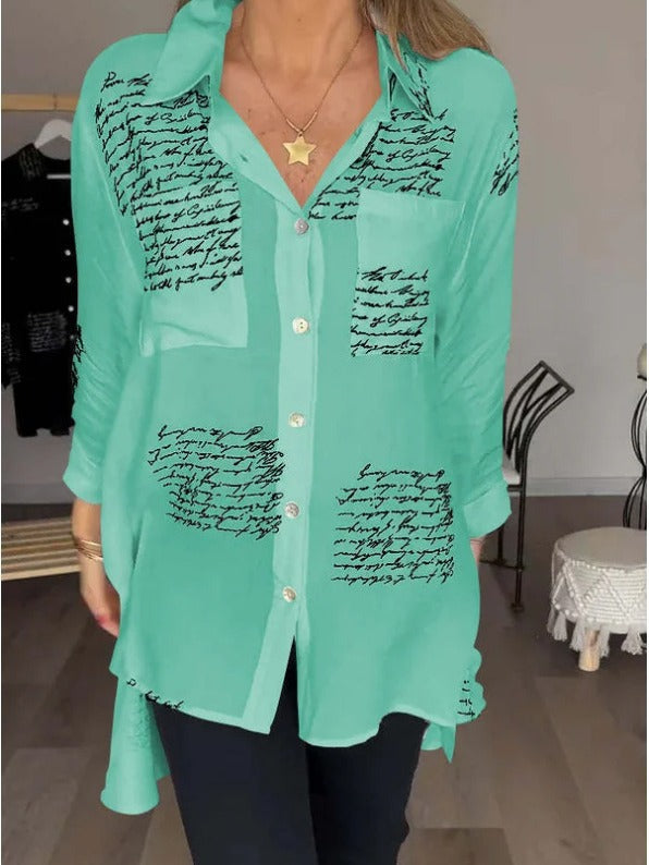 Blusa informal de manga larga con solapa y estampado de letras para mujer