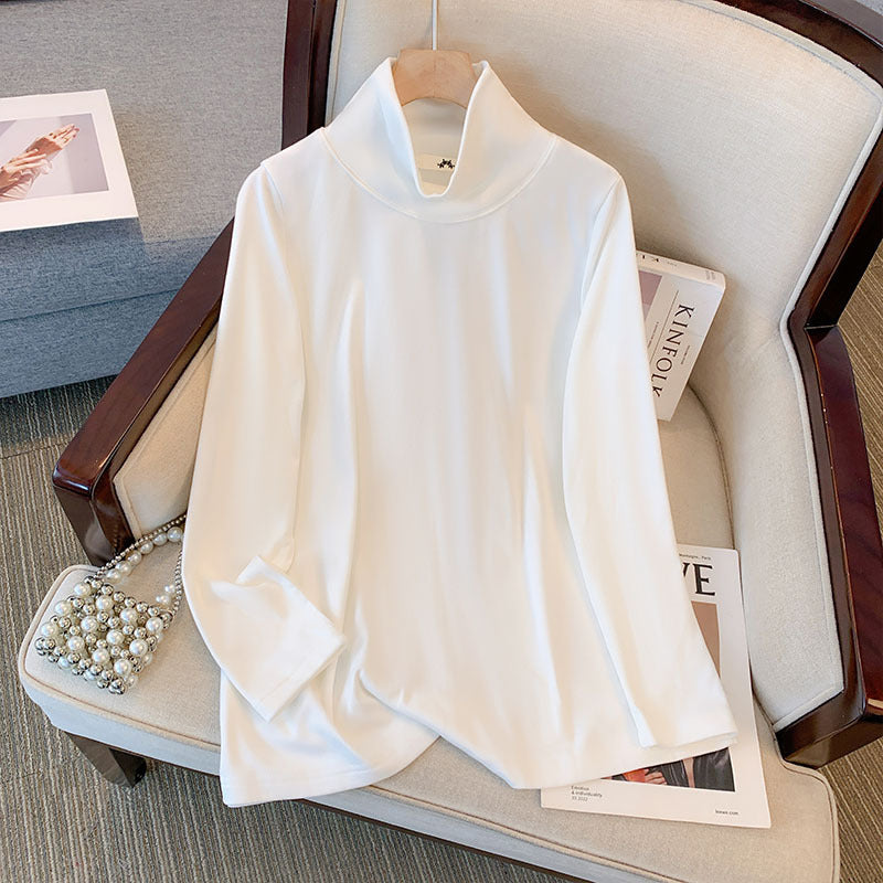 Camiseta básica informal holgada de talla grande con cuello alto y manga larga de color liso para mujer