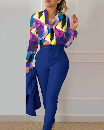 Conjunto de dos piezas de pantalón y top estampado informal a la moda para mujer