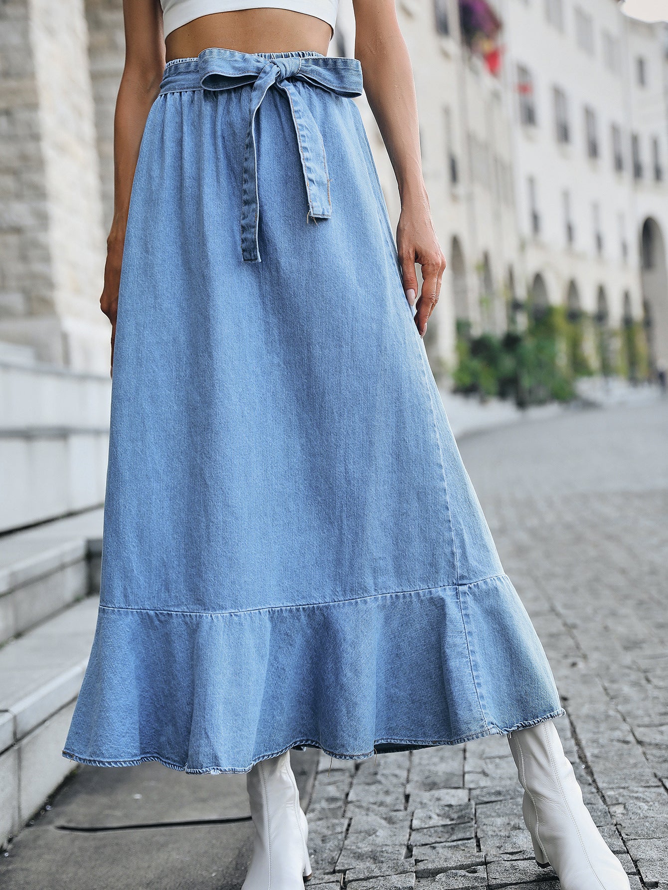 Women Fashion Casual Ruffled Pleated Denim Skirt