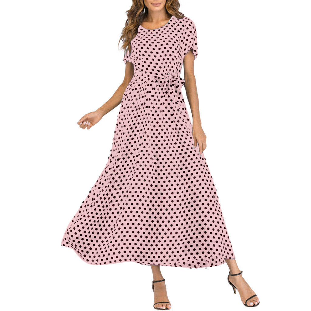 Women Casual Elegant Round Neck Short-Sleeved Polka Dot Print Midi Dress