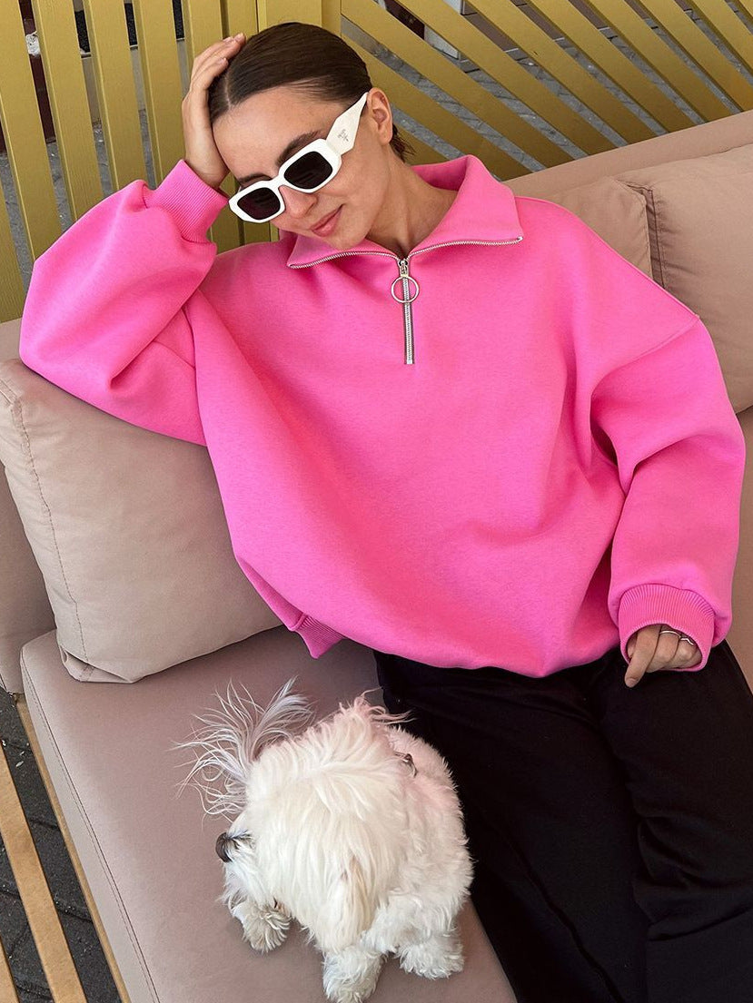 Sudadera de manga larga con cremallera y solapa informal para mujer, moda Otoño Invierno