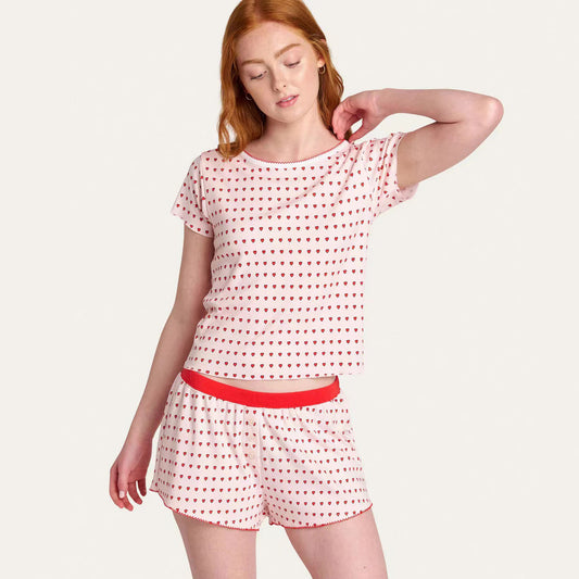 Conjunto de pijama de dos piezas con camiseta estampada informal y pantalones cortos holgados para mujer