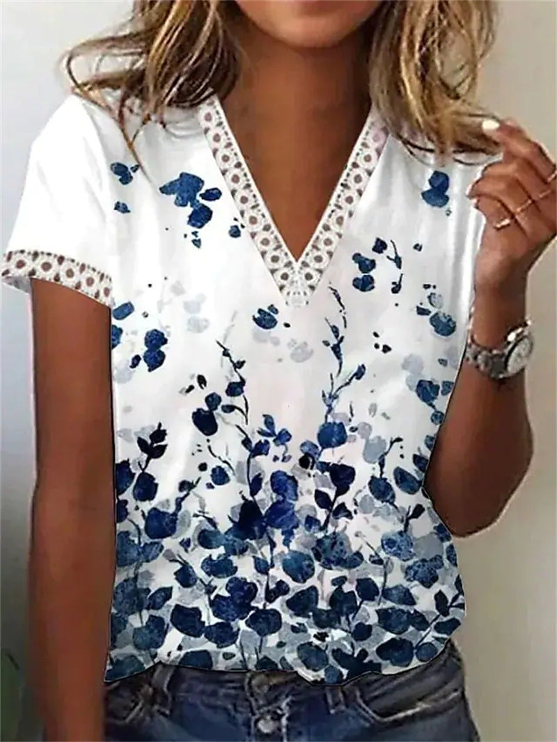 Blusa informal de verano para mujer, con escote en V, encaje, plumas, estampado floral, manga corta