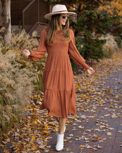 Vestido midi liso con mangas abullonadas y cuello redondo vintage informal para mujer de otoño e invierno