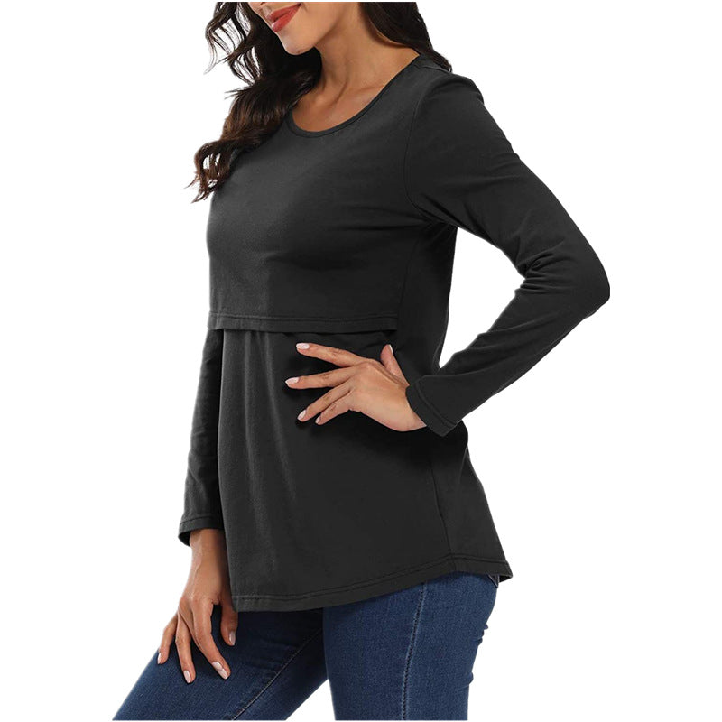 Pregnant Women Casual Solid Color Crewneck Long Sleeve Breastfeeding Top