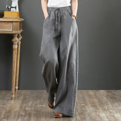 Women Fashion Casual Solid Color Cotton Linen High Waist Wide Leg Pants