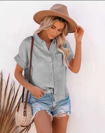 Blusa informal de manga corta con botones y nudo para mujer, color liso, a la moda